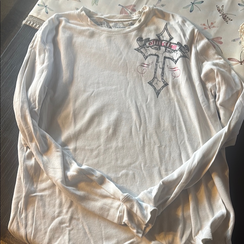 Affliction White Long Sleeve Thermal with Cross Design